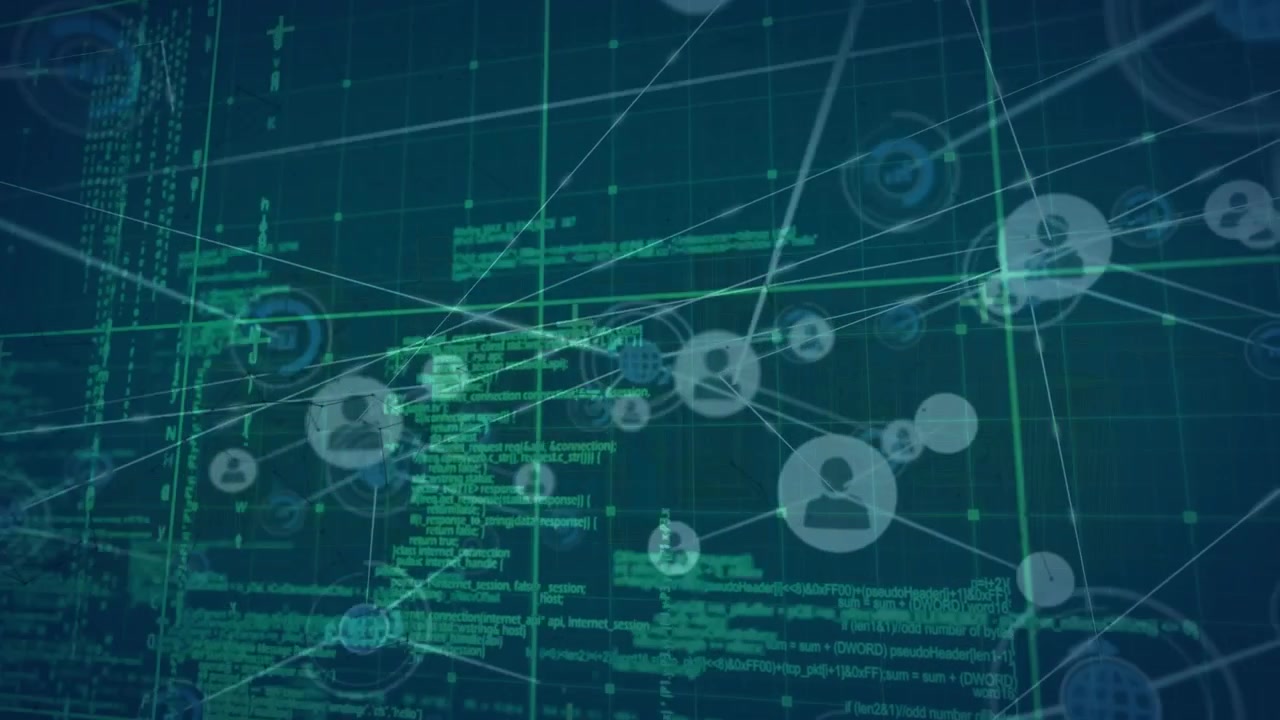 Animation of network of digital icons and data processing against green background