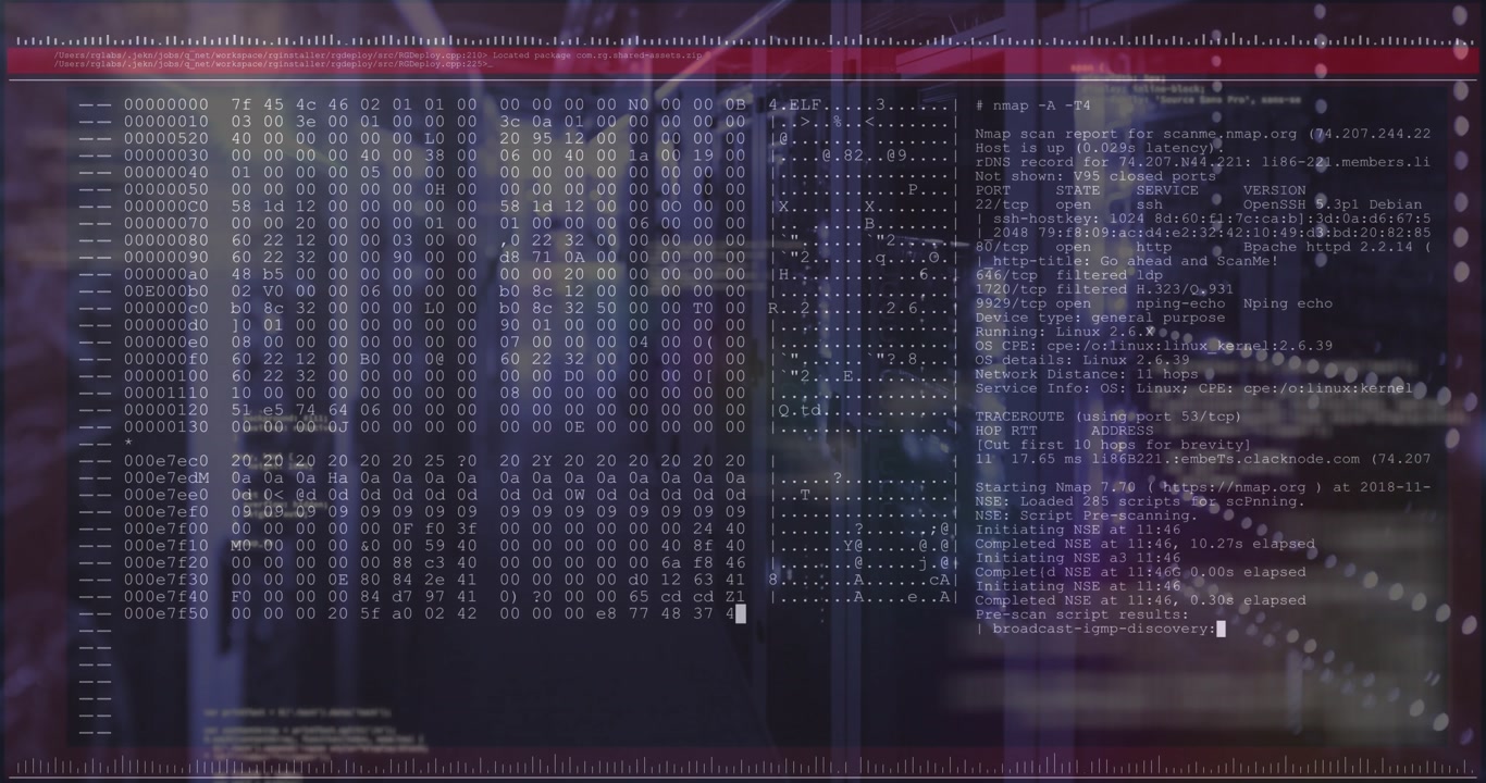 Server corridor receiving waveform overlays, scrolling hex dump and scan demonstrating system audit