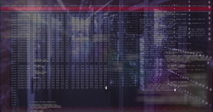 Server corridor receiving waveform overlays, scrolling hex dump and scan demonstrating system audit