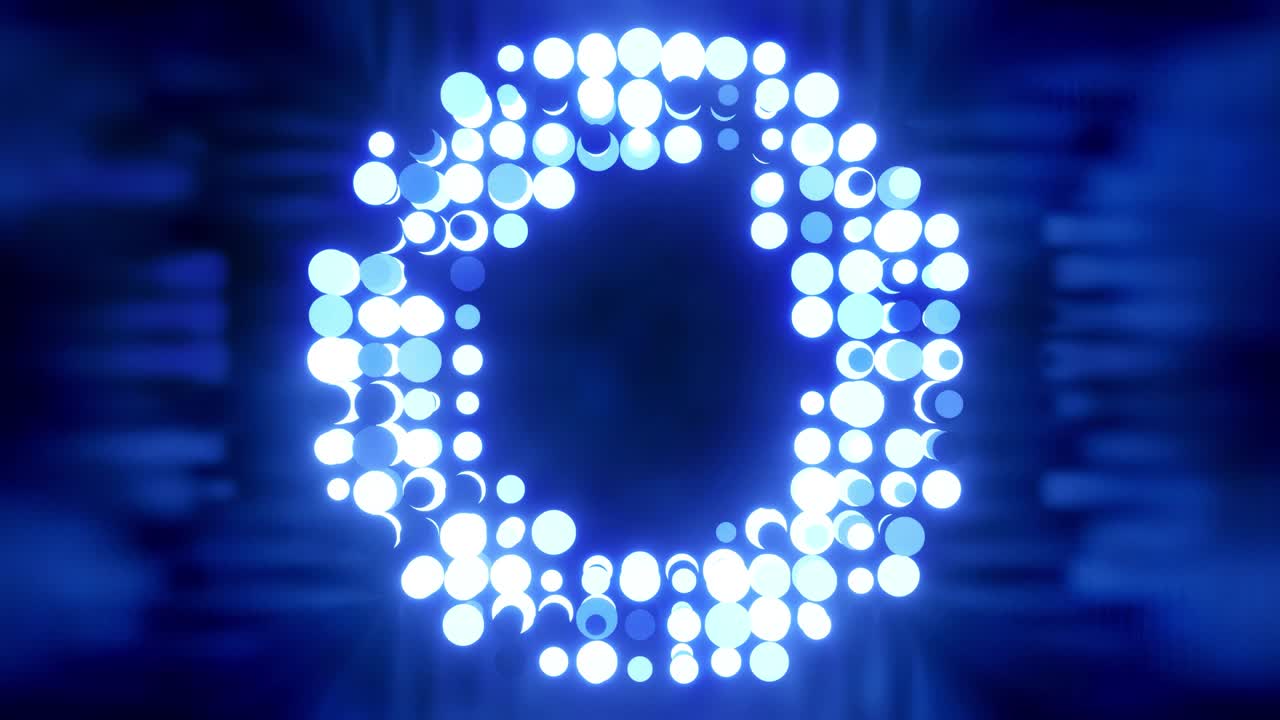 Sfere blu luminose lampeggiano in una stanza lucida. Sfondo astratto 3D 4K di sfere luminose in una camera scura e lucida. Sfondo elegante in tonalità di colore. Lampadine si accendono e si spengono casualmente in file formando un toro