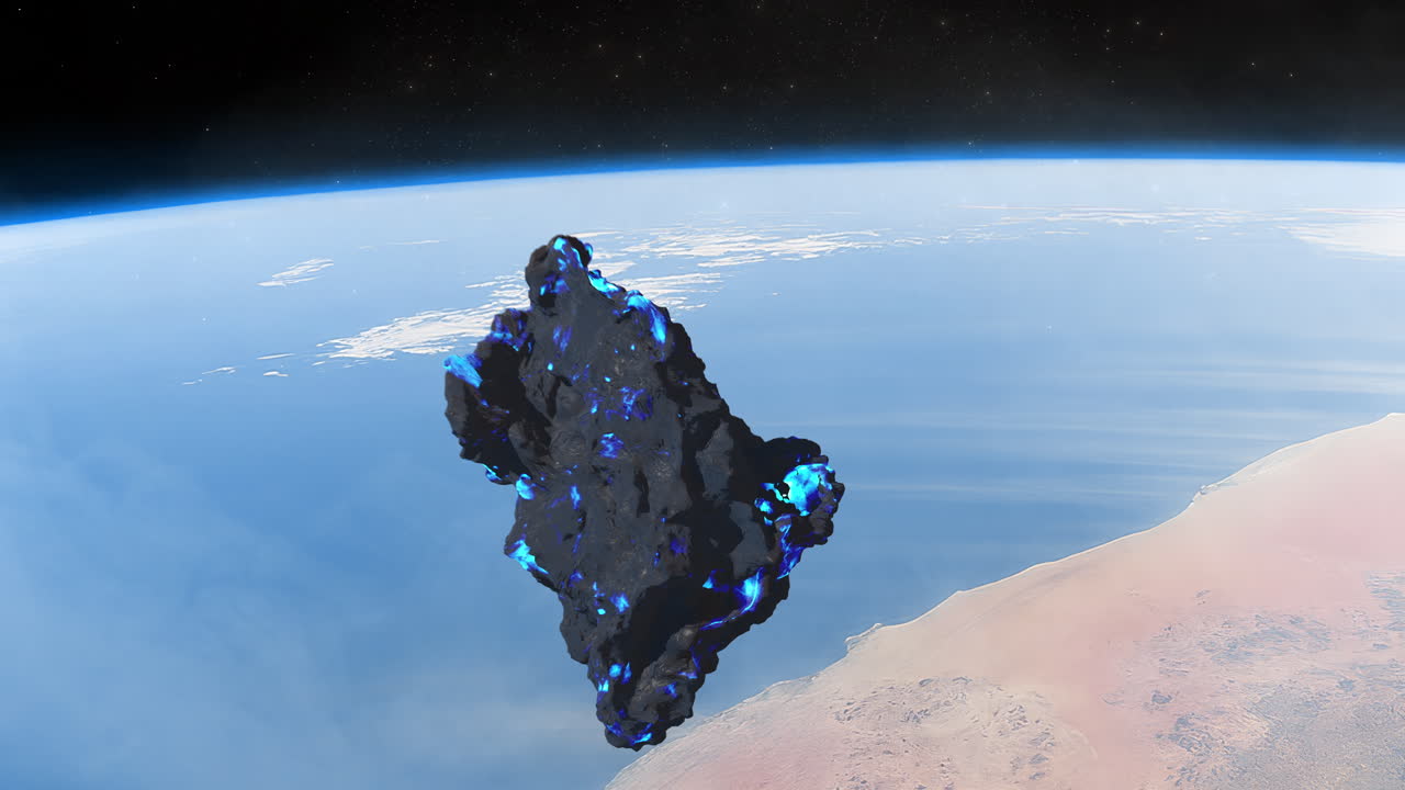 Glowing alien asteroid above Earth