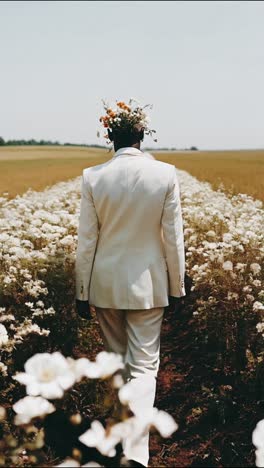 man in white suit walking through a field of flowers