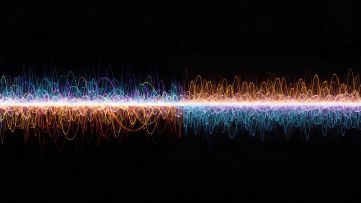 Captivating Visualization of Sound Waves: A Mesmerizing Display of Colorful Frequencies and Vibrations Representing Audio Dynamics and Energy Fluctuations