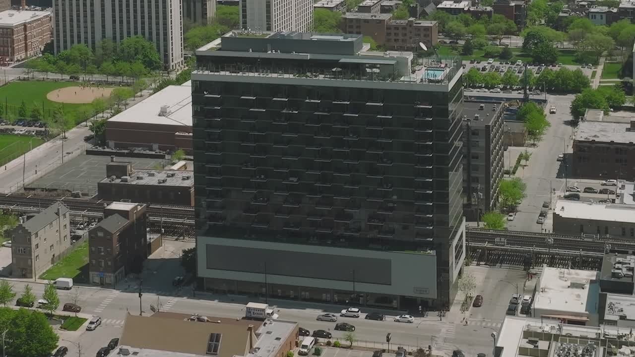 Aerial view of urban landscape in Chicago showing parks and buildings