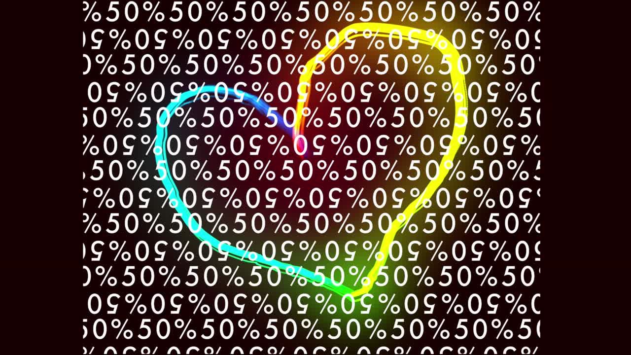 animación de corazón de neón y 50 por ciento de descuento en textos sobre fondo negro