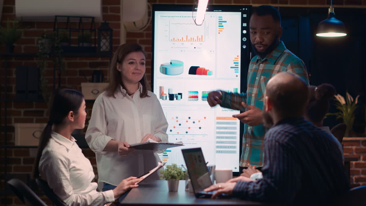 Colleagues team presenting company research statistics report