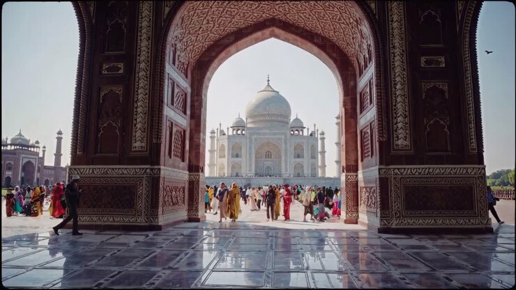 Un plan grand angle capture l'emblématique Taj Mahal encadré par une arche ornée, créant un rendu cinématographique.