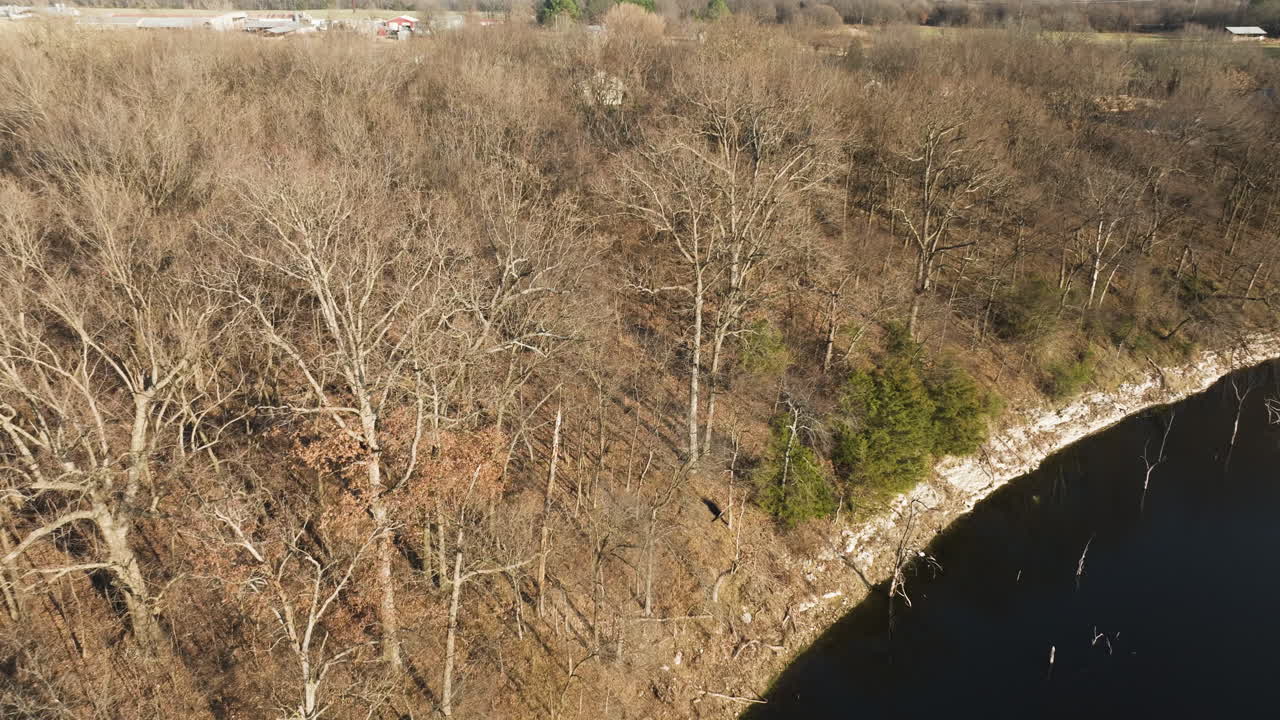Lago Flint Creek e Lago Swepco no Arkansas, árvores despidas ao longo da margem, dia ensolarado, cena de natureza tranquila.