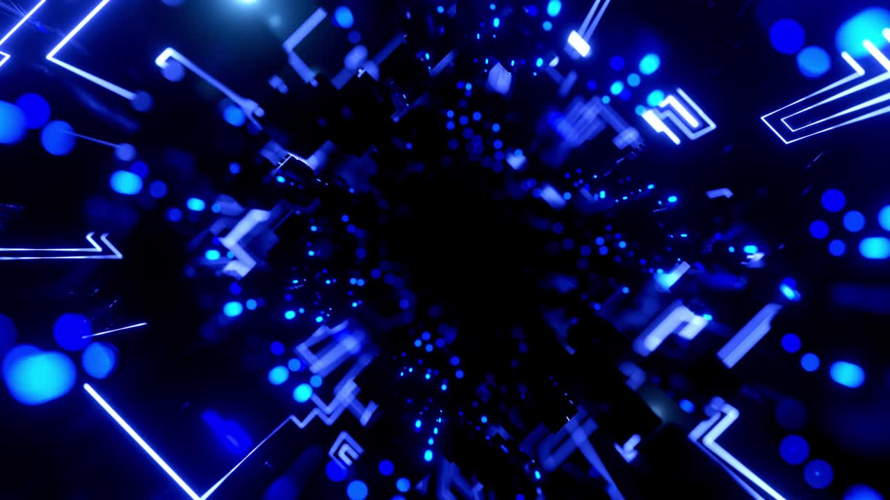 luz de neón, construcciones de ciencia ficción, objetos 3d misteriosos y hologramas. vuelo a través del túnel de tecnología de alta tecnología con sacudida de la cámara. vuelo a lo largo del ciberespacio tecnológico. 3d casi en bucle 4k bg