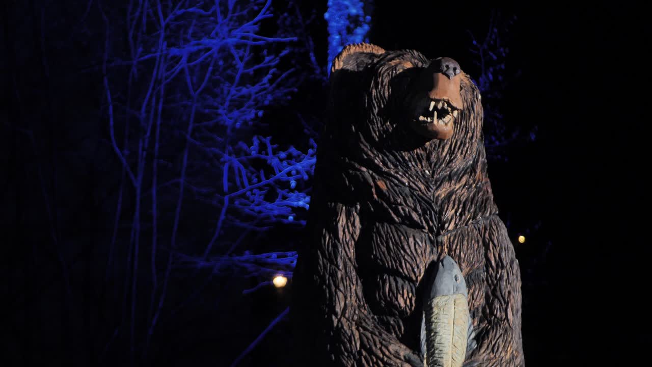 Die Bärenfiguren im Park sind im Dunkeln beleuchtet