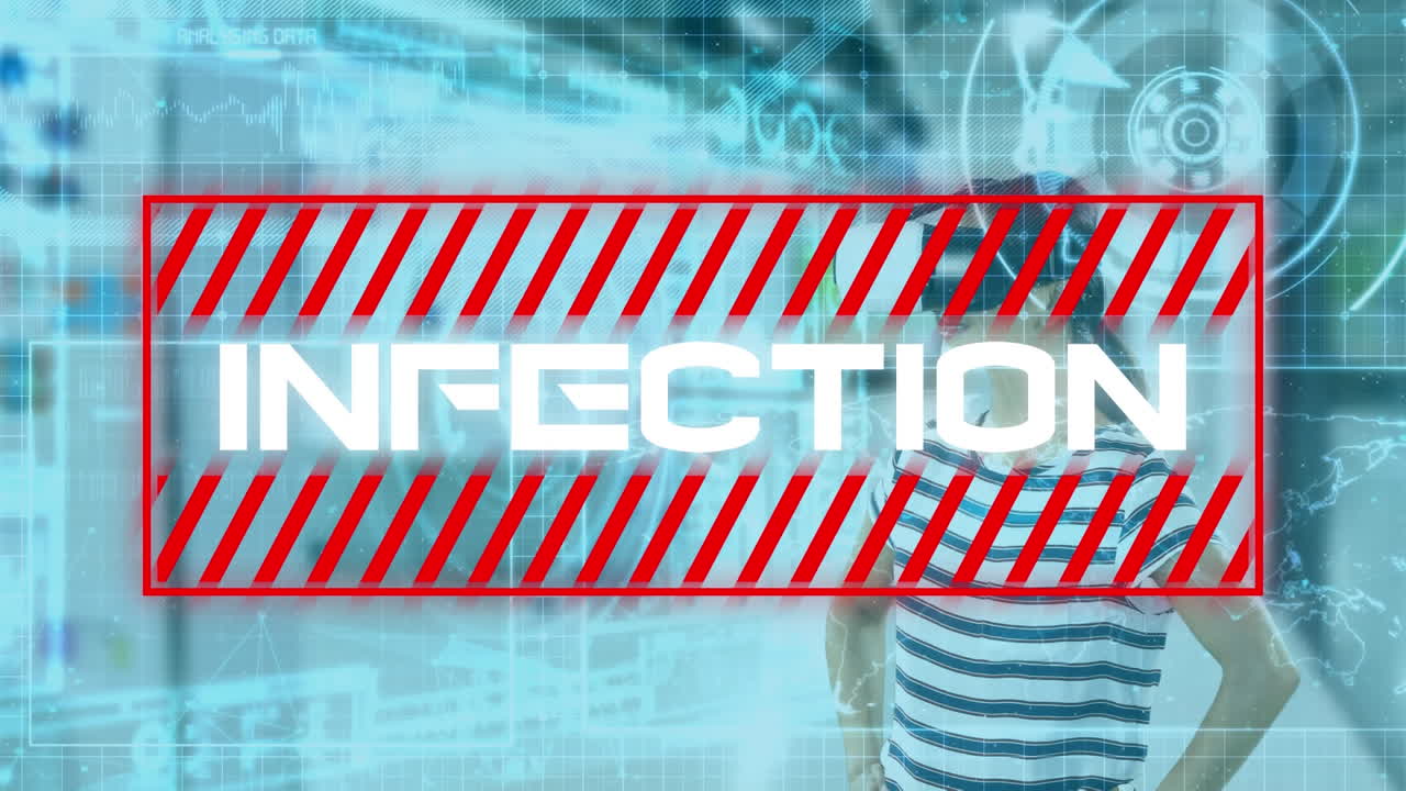 vr 헤드 ⁇ 을 착용한 여성에 대한 감염 텍스트 및 데이터 처리 애니메이션