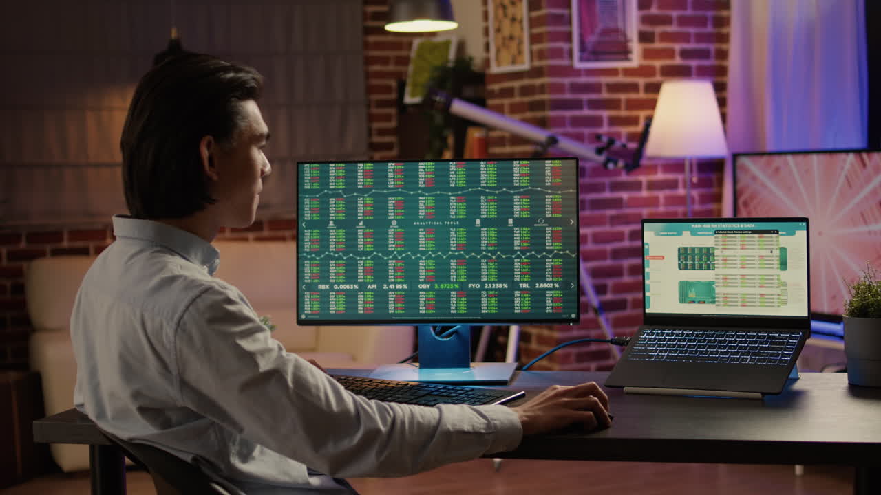 Financial Analyst Working with Stock Market Data on Computer