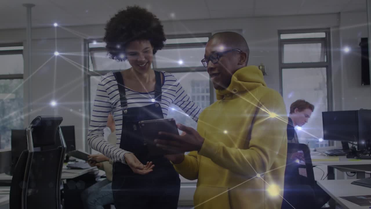 Animation of network of connections over diverse business people in office