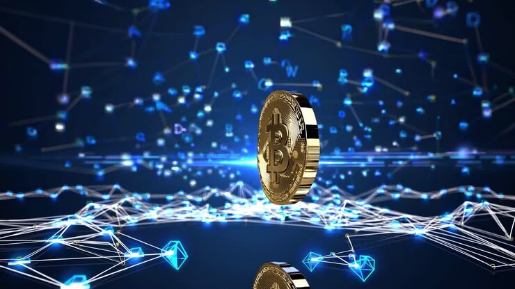 Un concept video a tema digitale conBitcoin fluttuante ripreso da una angolazione dal basso