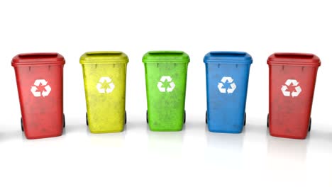 multi-colored plastic waste bins stacked in circle around camera