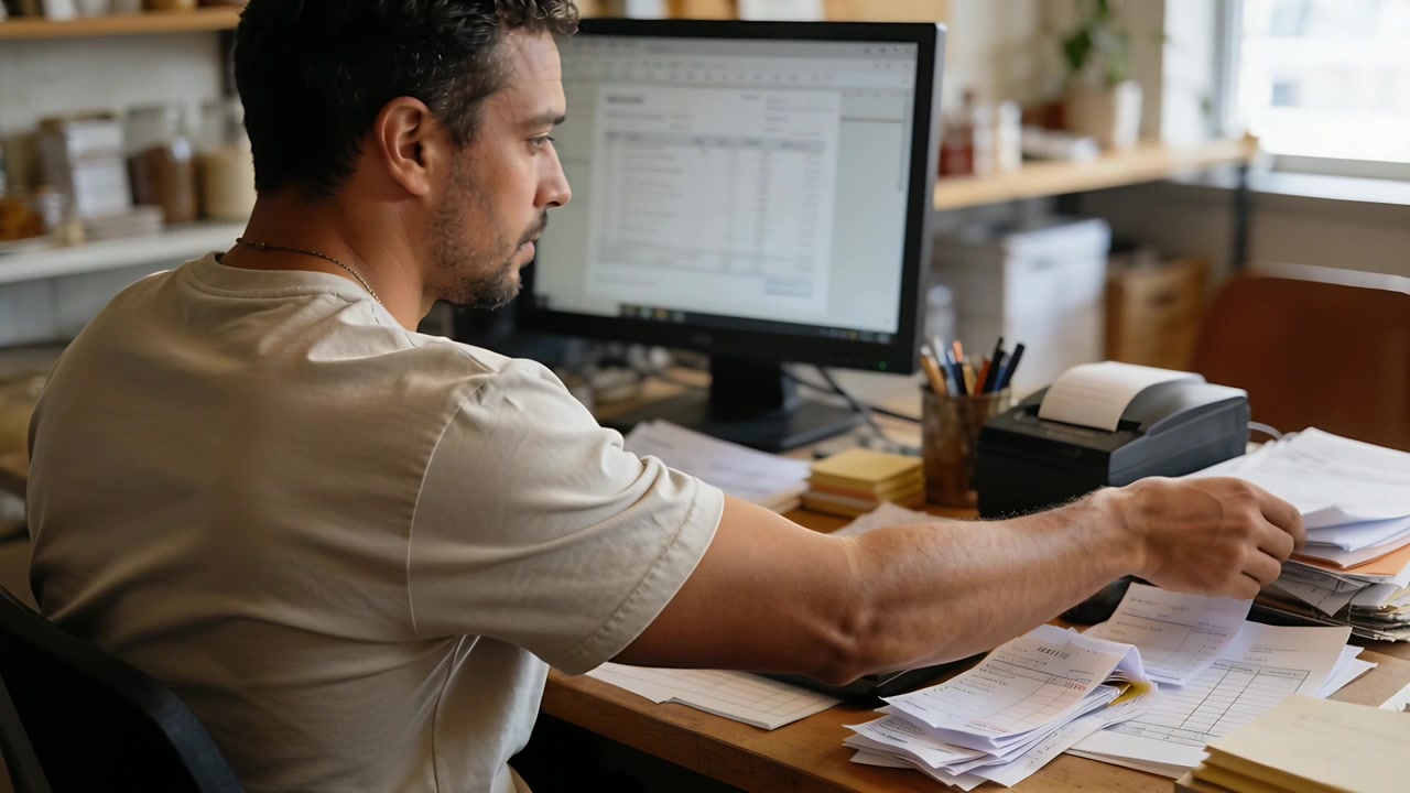 Un uomo in maglietta beige, alla scrivania dell'ufficio, guarda di sfuggita e reagisce a un foglio di calcolo, mentre inserisce fogli nella stampante.