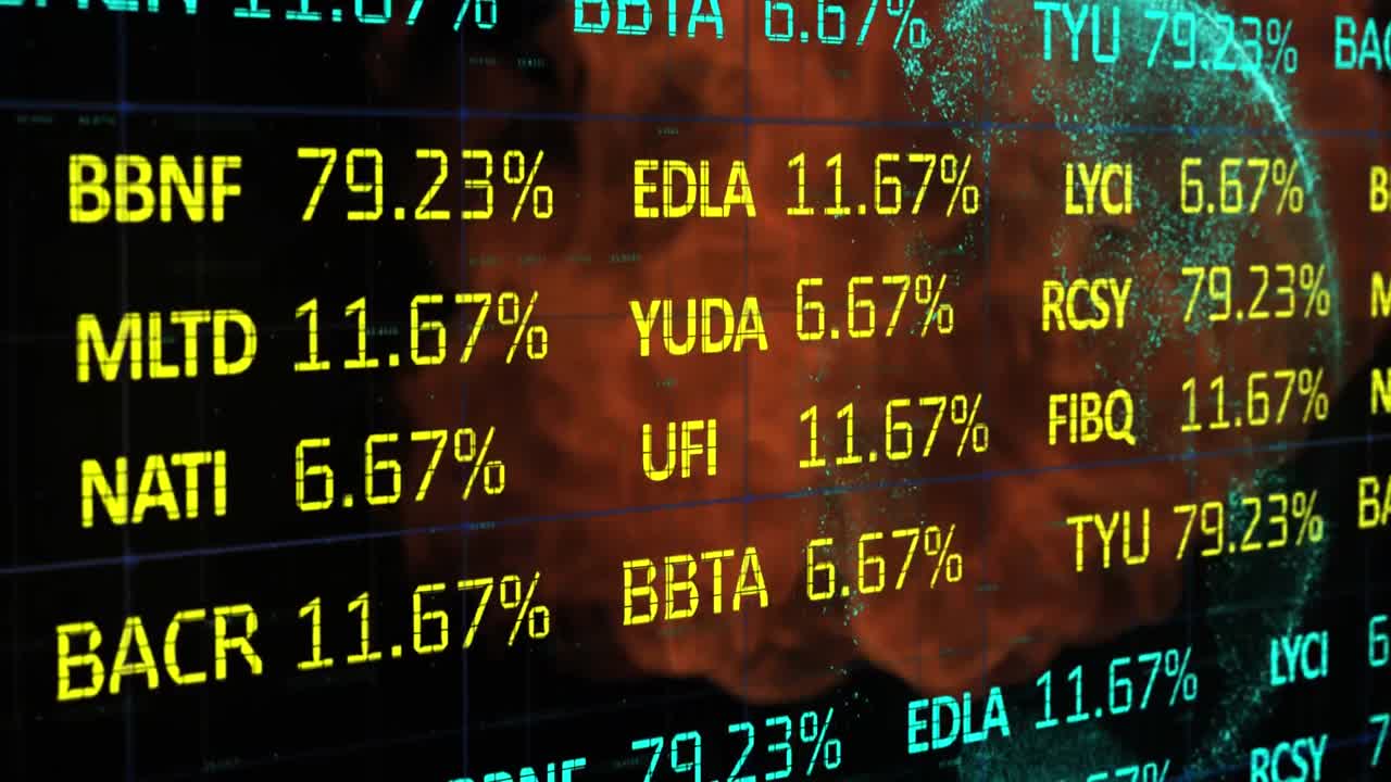 Digital Composite video of stock exchange data processing against fire explosion in background