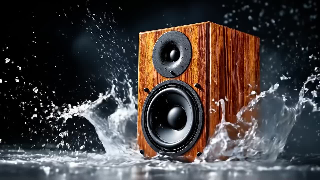 A pair of speakers sitting on top of a wooden block in the water