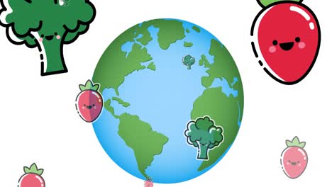 animation of falling vegetables over globe on white background