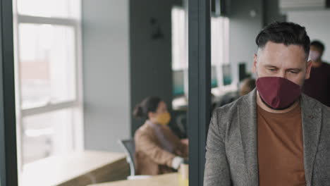 business people wearing masks in modern office