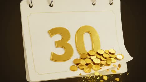 golden coins spill from a calendar page marked with the number 30, highlighting a celebration of wealth and prosperity in a creative visual presentation