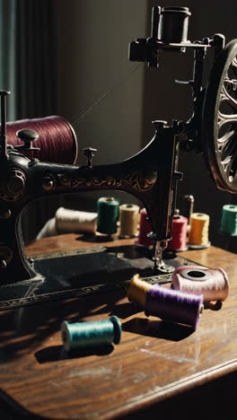 vintage sewing machine with threads and bobbins