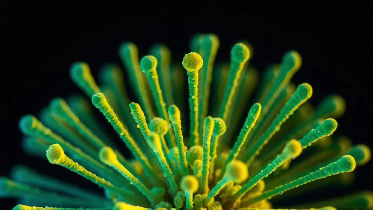 Stunning Close-Up of Microbial Structure: A Vibrant Exploration of Organic Forms in Vivid Green and Yellow Against a Dark Background