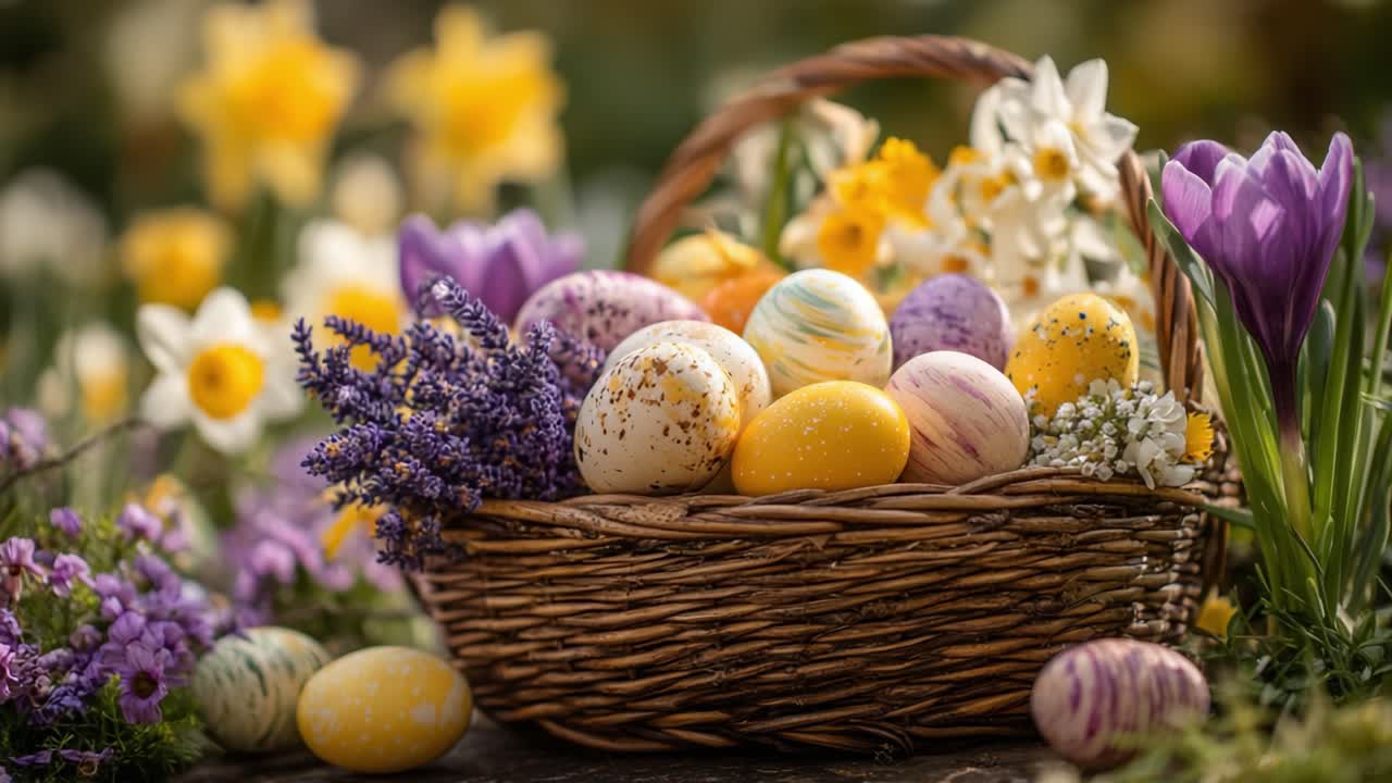 A Vibrant Easter Basket Filled with Colorful Eggs Surrounded by Beautiful Spring Flowers, Celebrating the Joy of the Season and Festivities of Easter Traditions