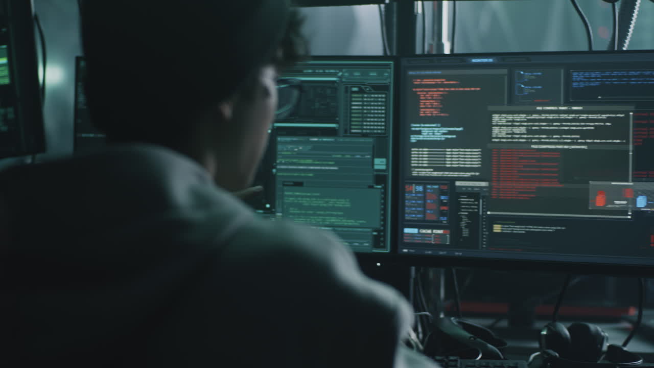 Two Hackers or Programmers Working on Multiple Computer Screens with Code in a Dark Room