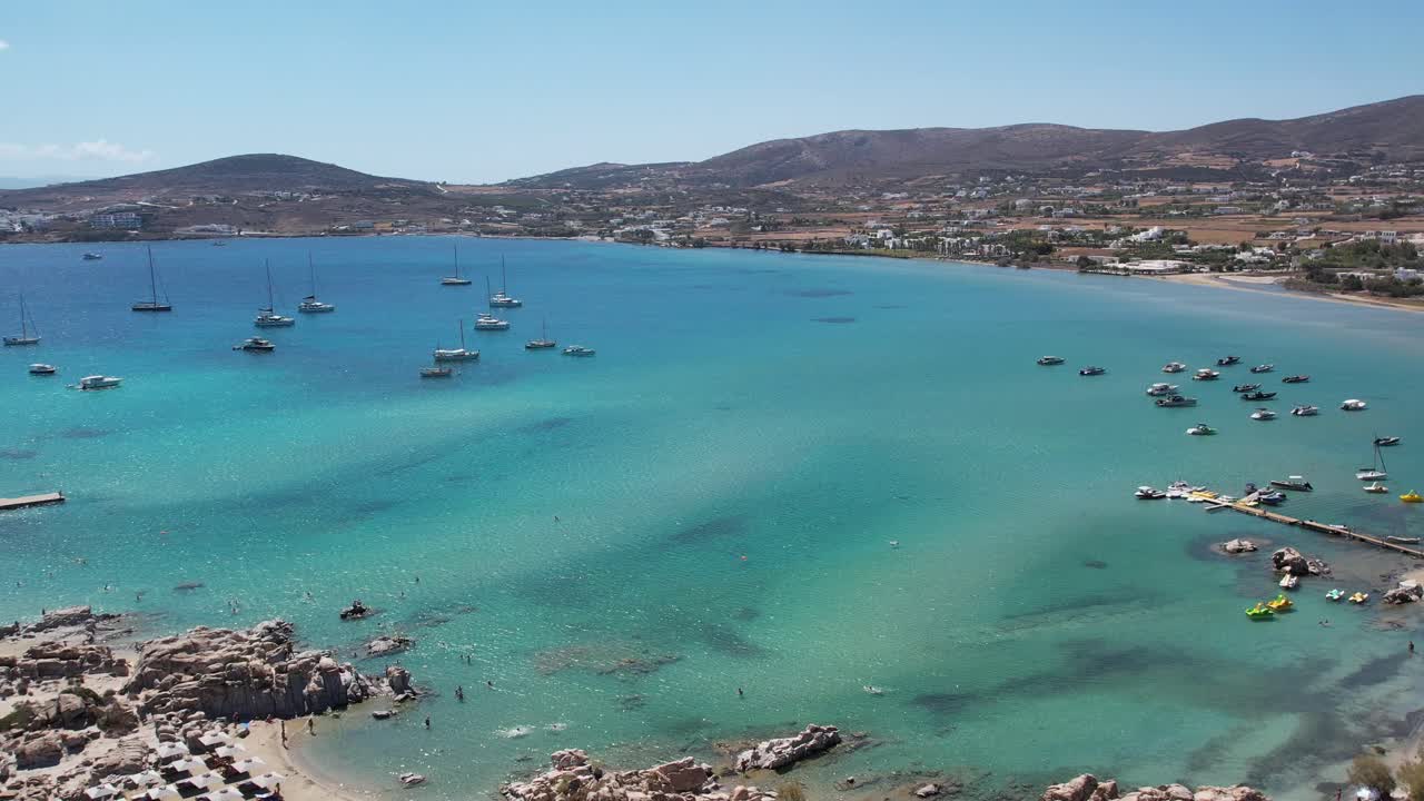 Aerial views from over Kolympethres Beach on the Greek Island of Paros