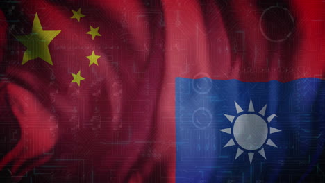 animation of computer server over flag of taiwan and china