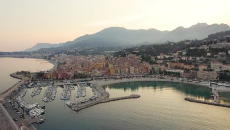 Gorgeous-Sunset-on-South-of-France-Coastal-City-of-Menton,-Aerial-Drone-Landscape
