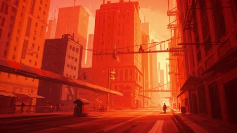 a dystopian cityscape in striking sunset hues, featuring silhouetted figures amidst towering structures and an eerie urban environment