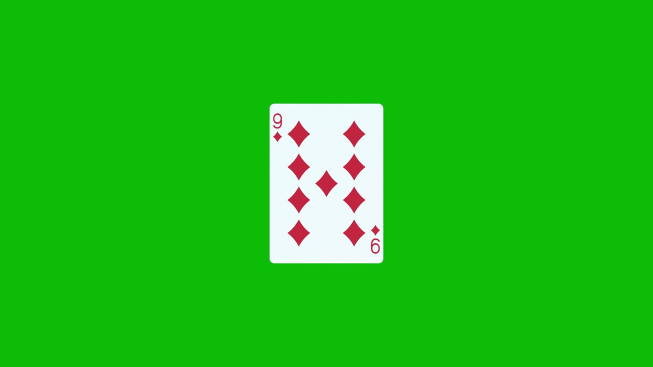 Una carta da poker con il nove di quadri ruota e si rivela su uno schermo verde, animazione 3D. Puoi modificare la tempistica della clip per controllare l'effetto di rivelazione.