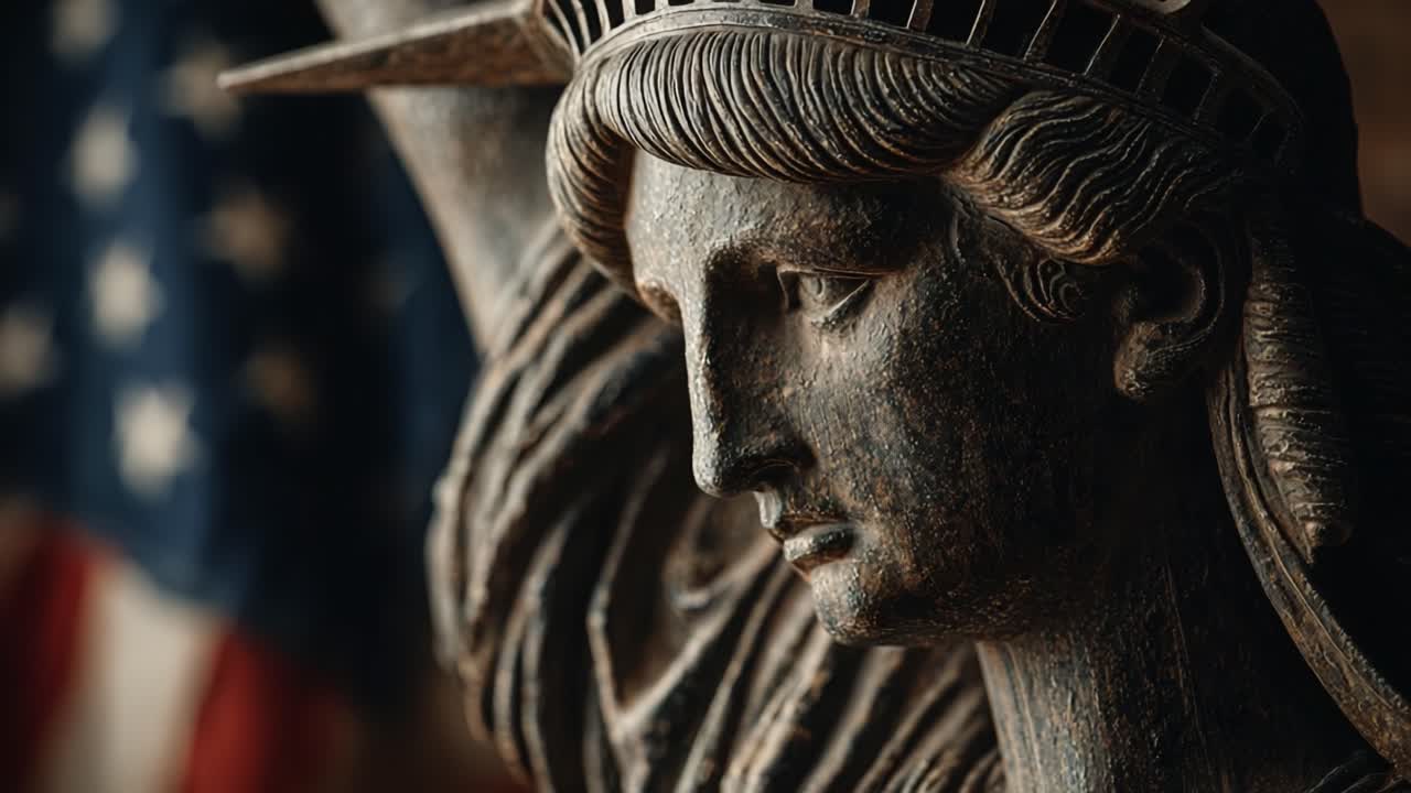 A Close Perspective of a Historic Statue Symbolizing Freedom and Democracy, with Classic Design Elements and a Subtle American Flag in the Background, Captured in Two Distinct Frames