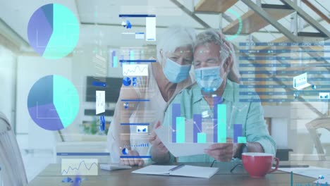 Animation-of-statistical-data-processing-over-senior-couple-wearing-face-masks-reading-a-document