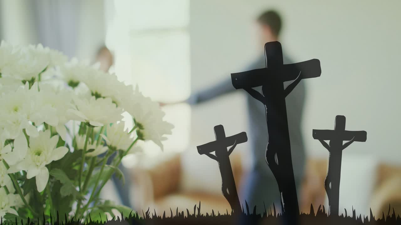 Casal se abraçando e depois se separando, enquanto o homem se afasta, com margaridas e uma cruz sobrepondo o casal, simbolizando fé.