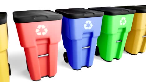 blue, green, yellow, red plastic trash bins set in a row.