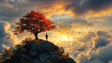 majestic sunset view from a rocky hilltop with vibrant tree