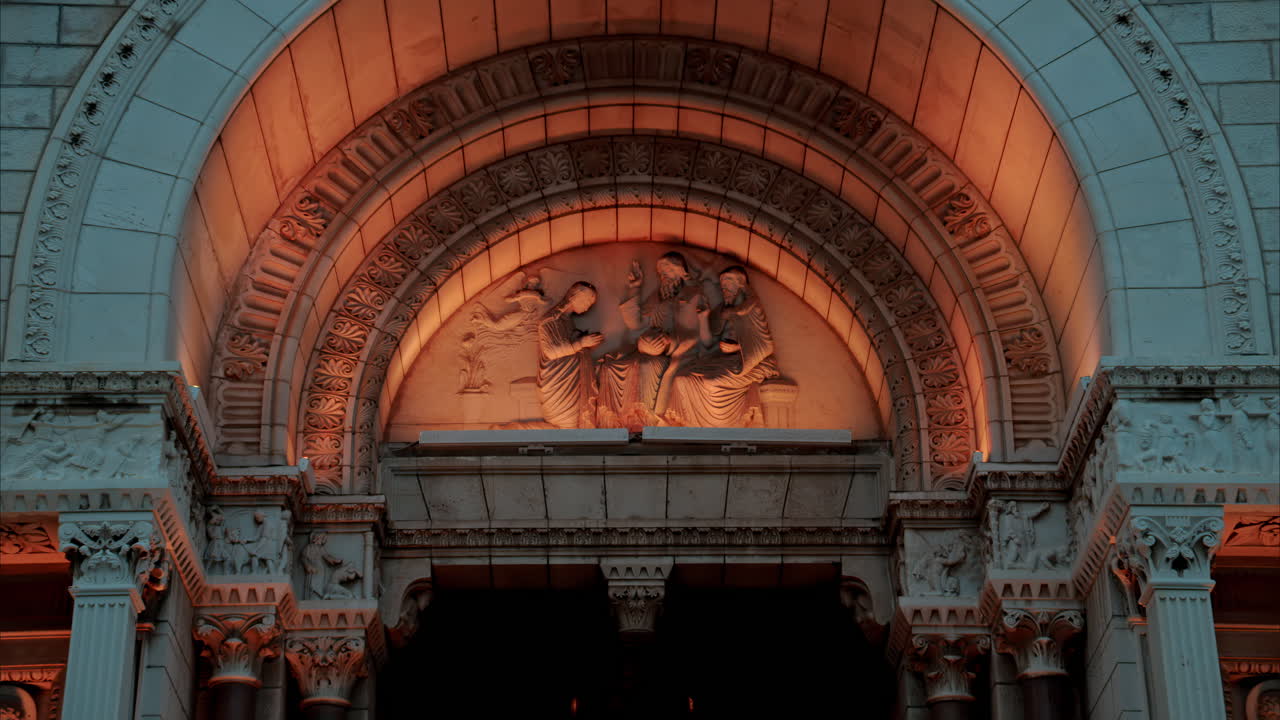 The facade of the Monaco Cathedral in the Old Town in the evening