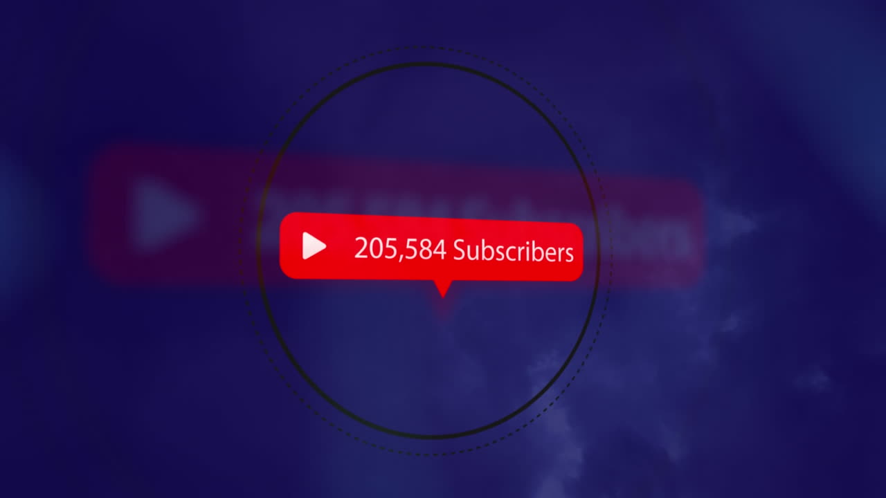 animación del aumento de suscriptores sobre una burbuja de habla contra puntos de luz en fondo azul.