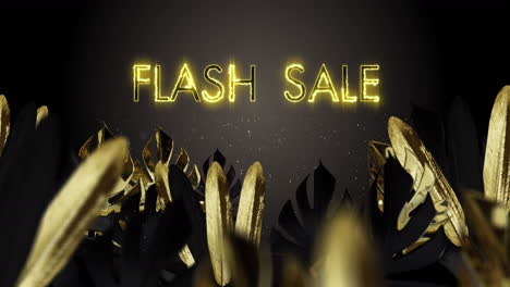 animación de texto de venta flash sobre hojas sobre fondo negro