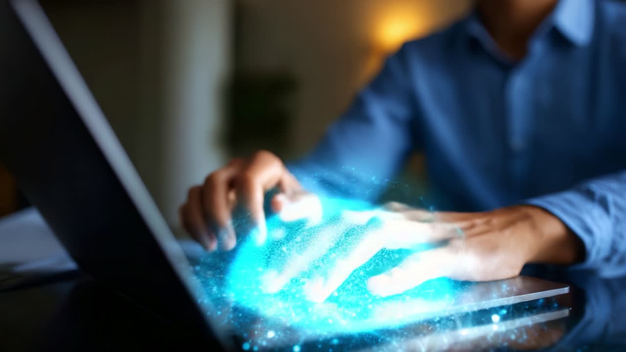 Engaged in Digital Creativity: A Close-up of Hands Typing on a Laptop with a Sparkling Interactive Effect Reflecting Virtual Engagement and Innovation