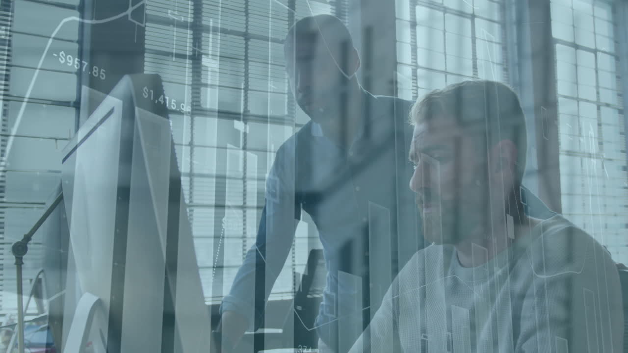 Animation of multiple graphs moving over diverse male colleagues analyzing sales data over computer