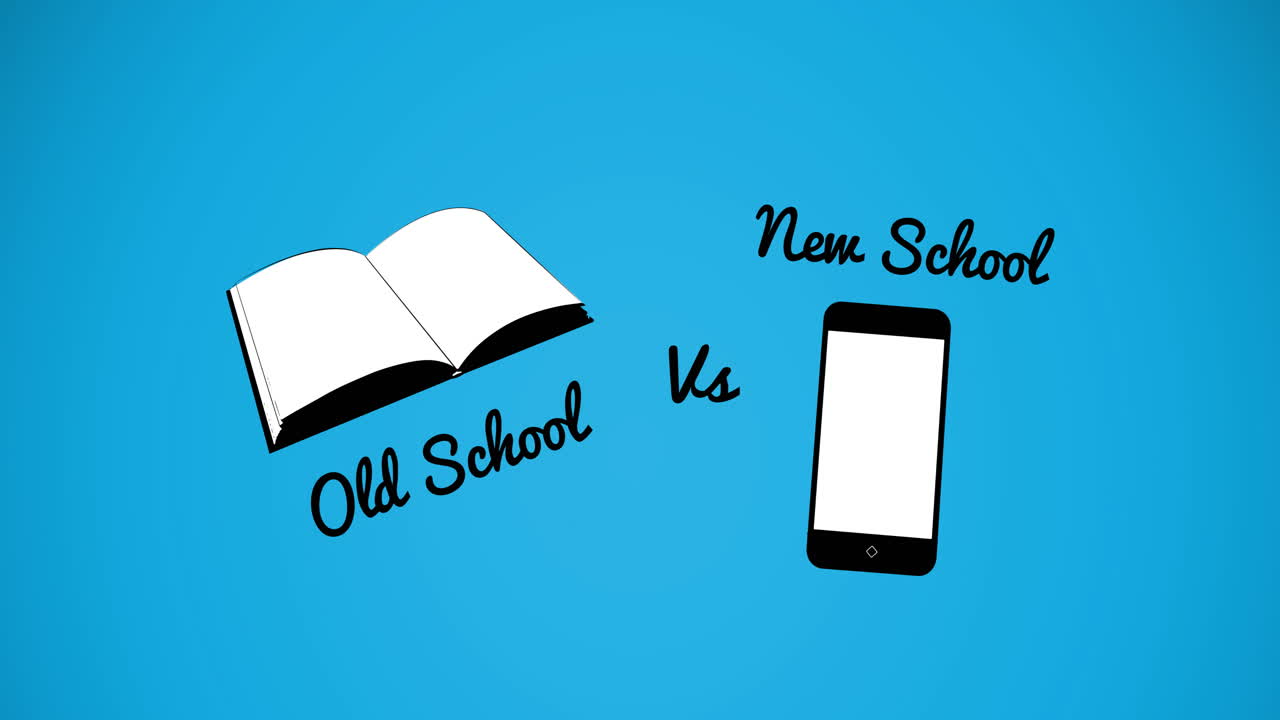 Animazione del testo "old school vs new school" e di icone digitali su sfondo blu