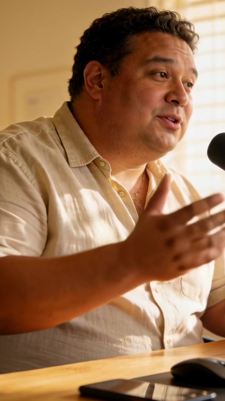 Video verticale: Presentatore che parla con camicia beige e catena d'oro, che registra alla scrivania di casa, microfono, tablet
