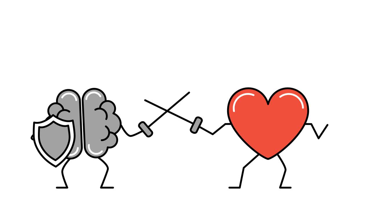 4k video of heart and brain cartoon characters sword playing.