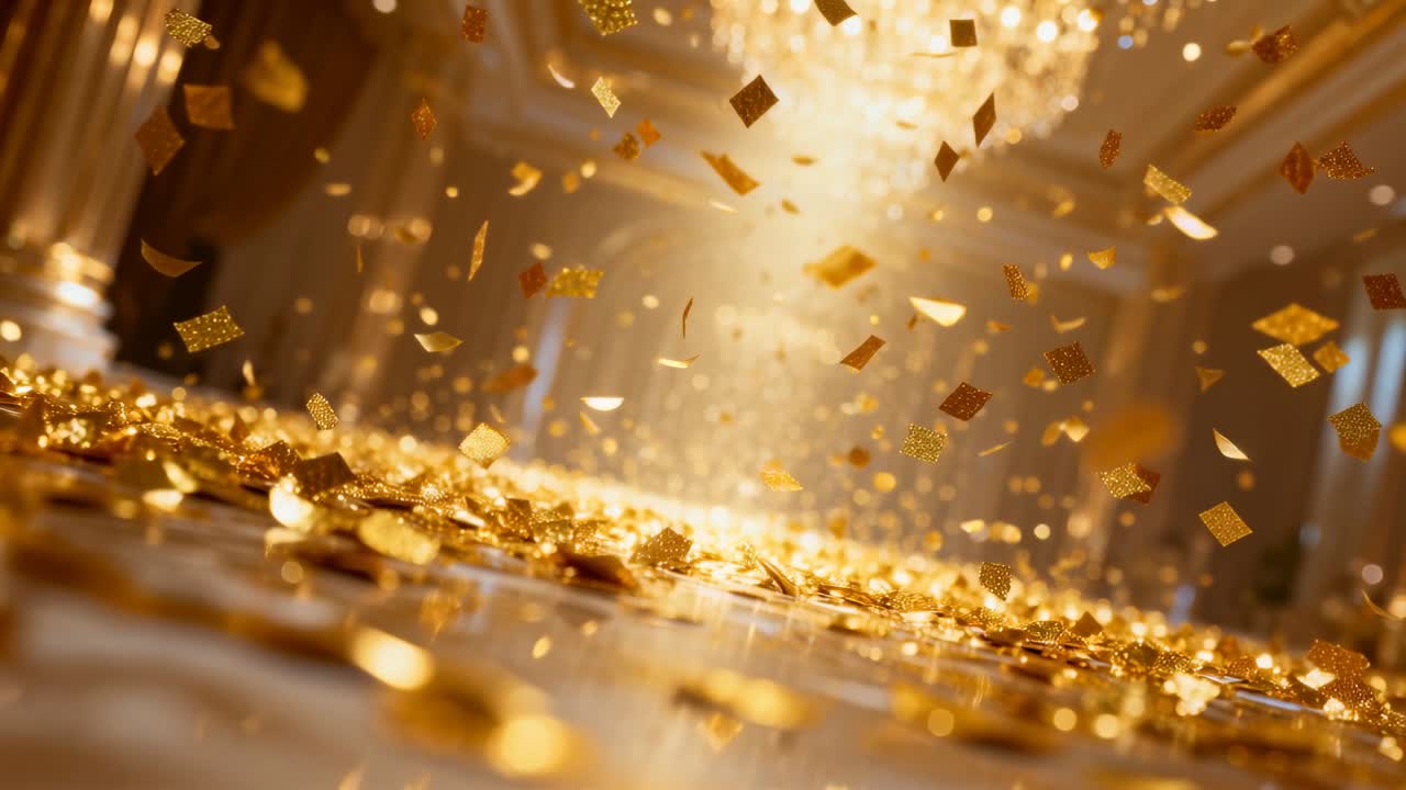 Coriandoli d'oro che cadono da un lampadario e fluttuano sul pavimento lucido della sala, catturando una luce calda.
