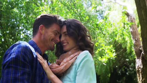 románticos abrazándose en el parque.
