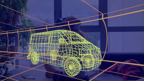 Animation-Einer-Technischen-3D-Zeichnung-Eines-Lieferwagens-über-Einer-Frau-Zu-Hause,-Die-Ein-VR-Headset-Trägt
